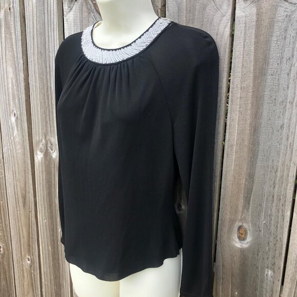Neil Bieff Black Sequin Blouse Wool 8 Top White Keyhole Vintage Medium - Picture 2 of 8
